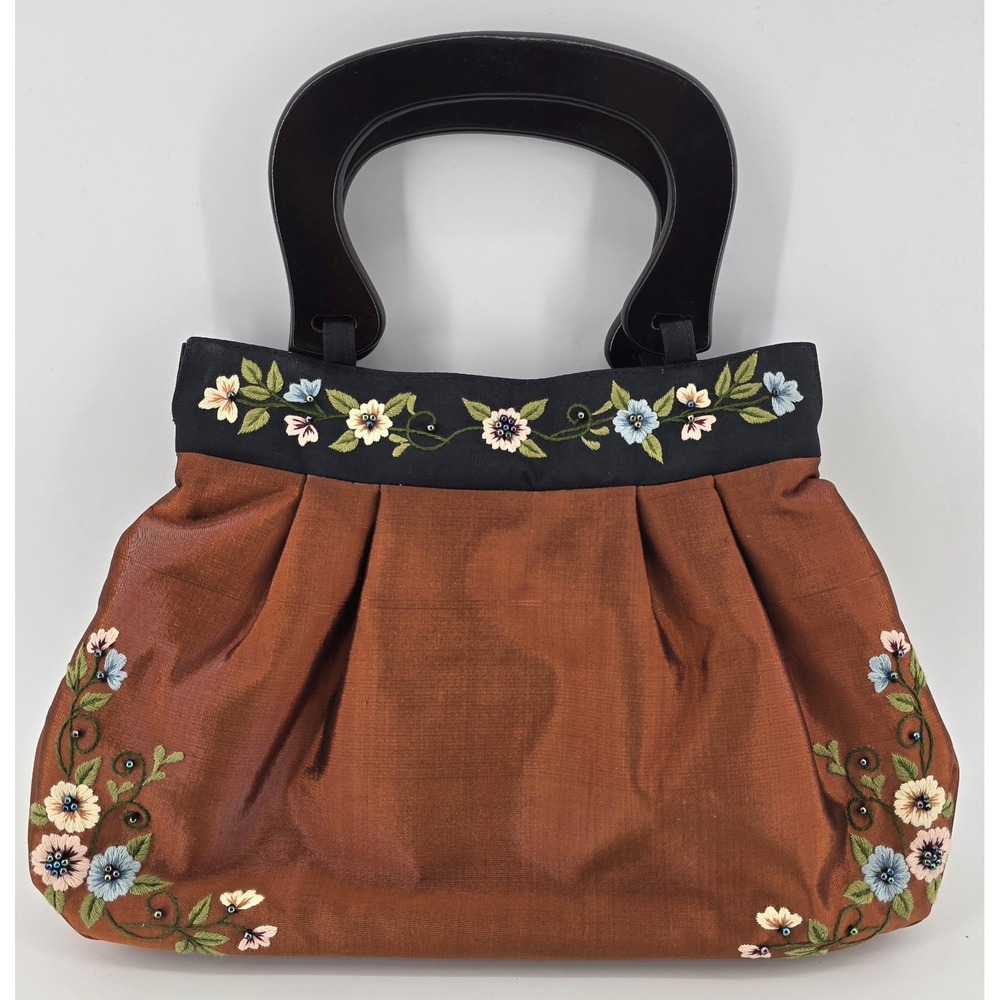Vtg Silk Floral Handbag Purse Rust Handbag Embroidered Flowers Boho Cottage Y2K